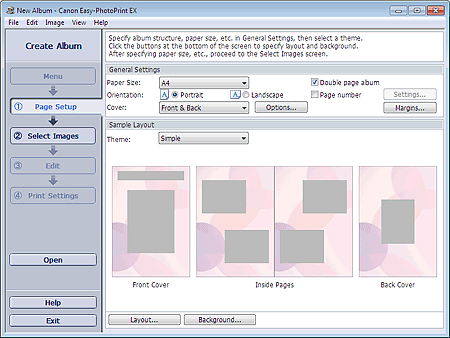figure: Page Setup screen for Album