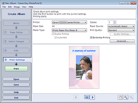figure: Print Settings screen for Album