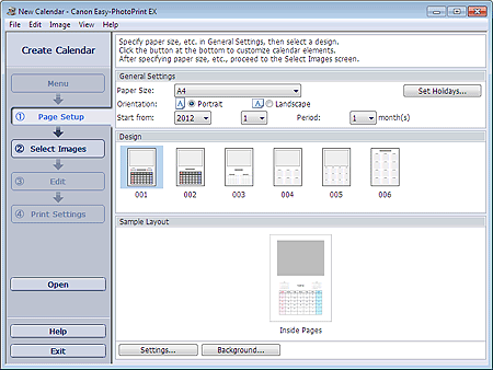 figure: Page Setup screen for Calendar