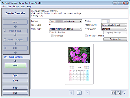 figure: Print Settings screen for Calendar
