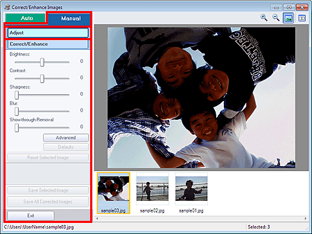 figure: Adjust of Manual tab in Correct/Enhance Images window