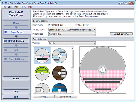 figure: Page Setup screen for Disc Label/Case Cover
