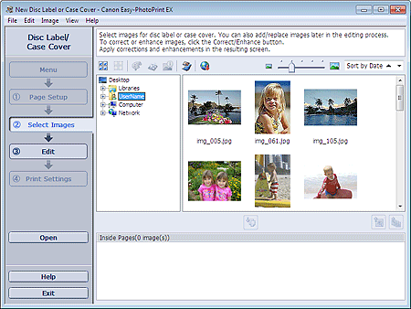 figure: Select Images screen for Disc Label/Case Cover Print