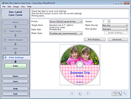 figure: Print Settings screen for Disc Label/Case Cover