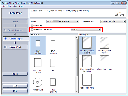 figure: Photo Noise Reduction in Select Paper screen