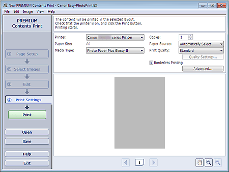 figure: Print Settings screen for PREMIUM Contents Print