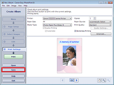 figure: Save button in Print Settings screen