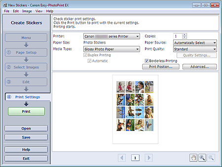 figure: Print Settings screen for Stickers