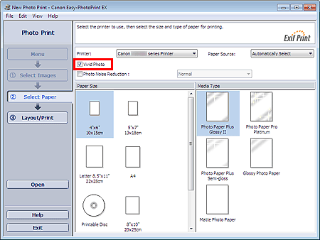 figure: Vivid Photo in Select Paper screen
