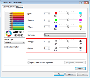 figure:intensity/contrast on the Manual Color Adjustment dialog box