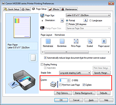 figure:Copies on the Page Setup tab