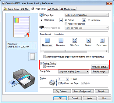 figure:Duplex Printing check box on the Page Setup tab