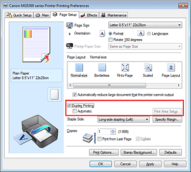 figure:Duplex Printing check box on the Page Setup tab