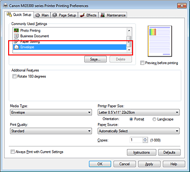 figure:Select Envelope from Commonly Used Settings on the Quick Setup tab