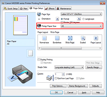 figure:Printer Paper Size on the Page Setup tab