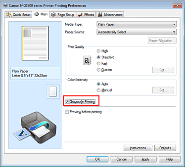 figure:Grayscale Printing check box on the Main tab