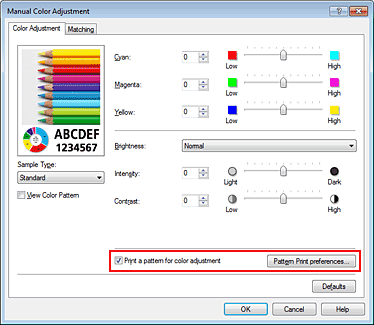 figure:Select Print a pattern for color adjustment on the Color Adjustment tab