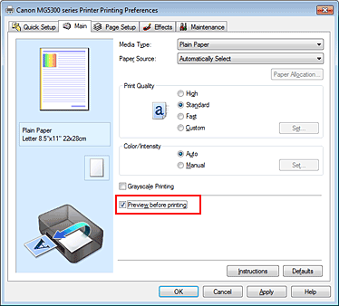 figure:Preview before printing check box on the Main tab