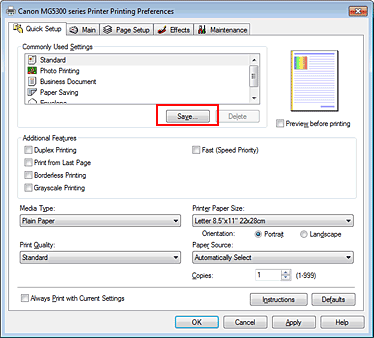 figure:Save... on the Quick Setup tab