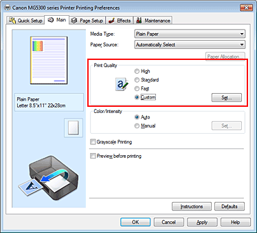 figure:Select Custom for Print Quality on the Main tab