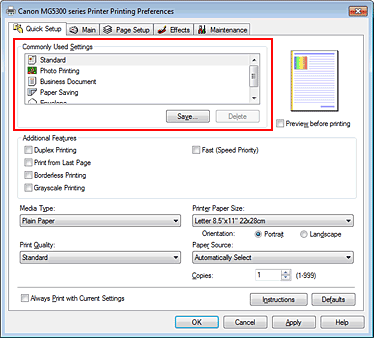 figure:Commonly Used Settings on the Quick Setup tab