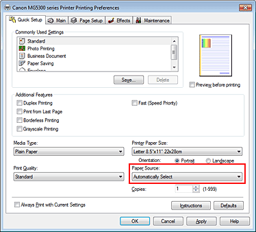figure:Paper Source on the Quick Setup tab