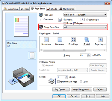 figure:Printer Paper Size on the Page Setup tab