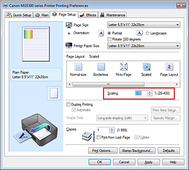 figure:Scaling on the Page Setup tab