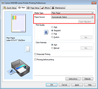 figure:Paper Source on the Main tab