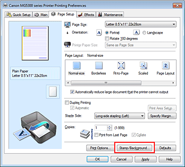 figure:Stamp/Background... on the Page Setup tab