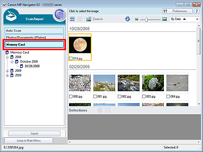 figure: Memory Card screen (Scan/Import window)