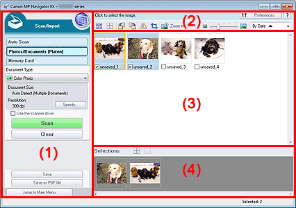 figure: Photos/Documents (Platen) screen (Scan/Import window)