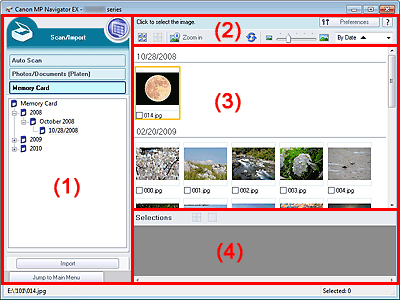 figure: Memory Card screen (Scan/Import window)