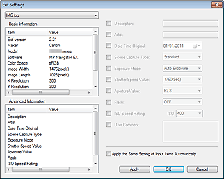 figure: Exif Settings dialog box